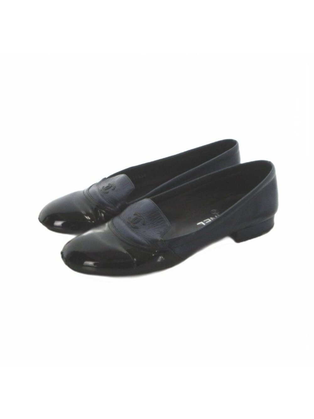 Chanel Loafers Pumps Patent Leather Trim CC Logo Black Navy Heel